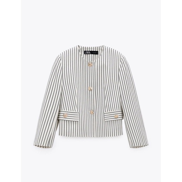 Zara Jackets & Blazers - Zara Blazer Cropped Striped Gold Button Nautical Cream Navy Medium